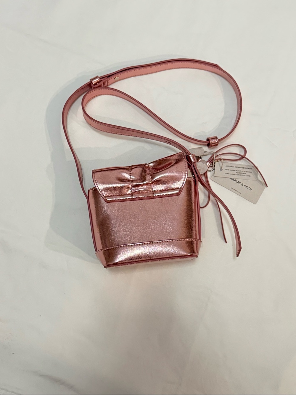 Charles & Keith Kadee Metallic Bow-Charm Ruched Mini Bag - Aura Pink XXS new - Picture 6 of 11